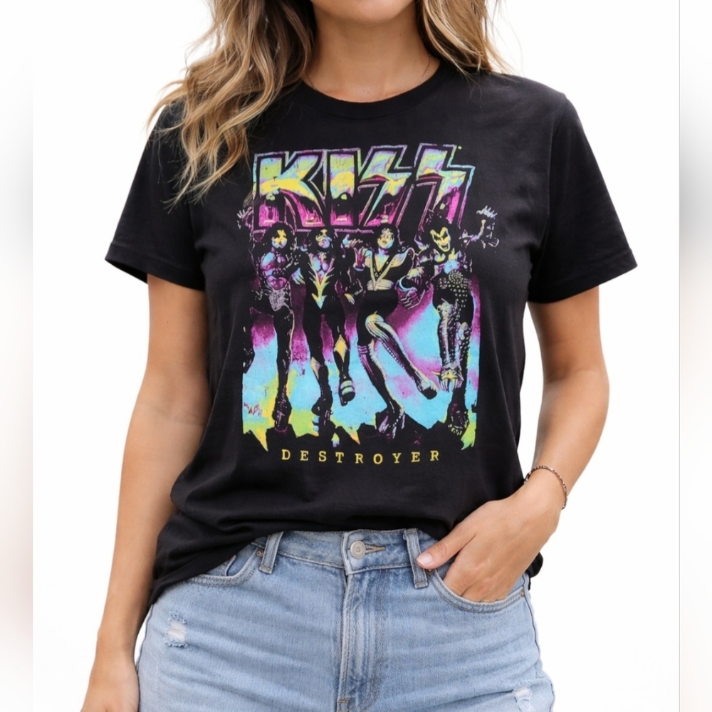 KISS Destroyer Black Graphic T-Shirt Colorful 100% Cotton Unisex Size Large